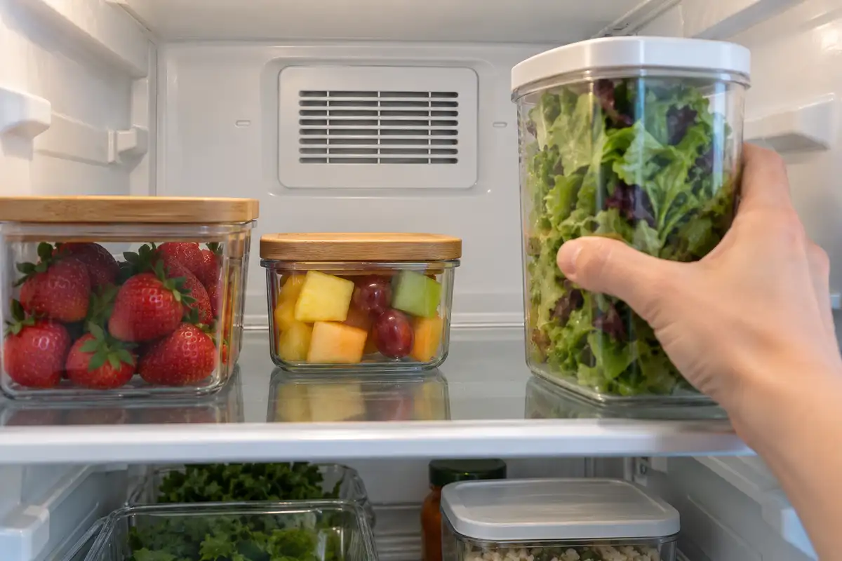 Hand moving a food container away from a refrigerator's interior air vent.