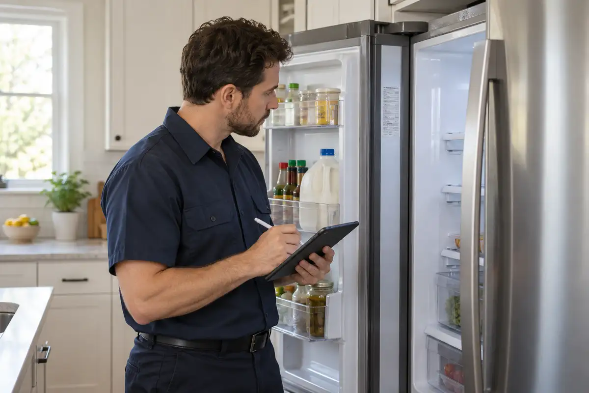 Appliance technician recording refrigerator model details before diagnosis.